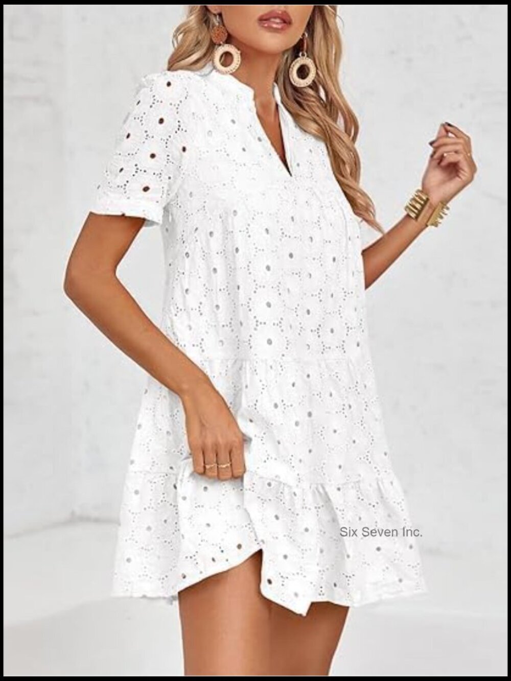 Summer Lace Eyelet Babydoll Swing V-Neck Tunic Dress - Picture 3 of 7